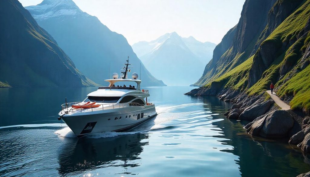 Yacht Chartering with Hiking: A motor yacht cruises Norway’s fjords near a hiking trail.